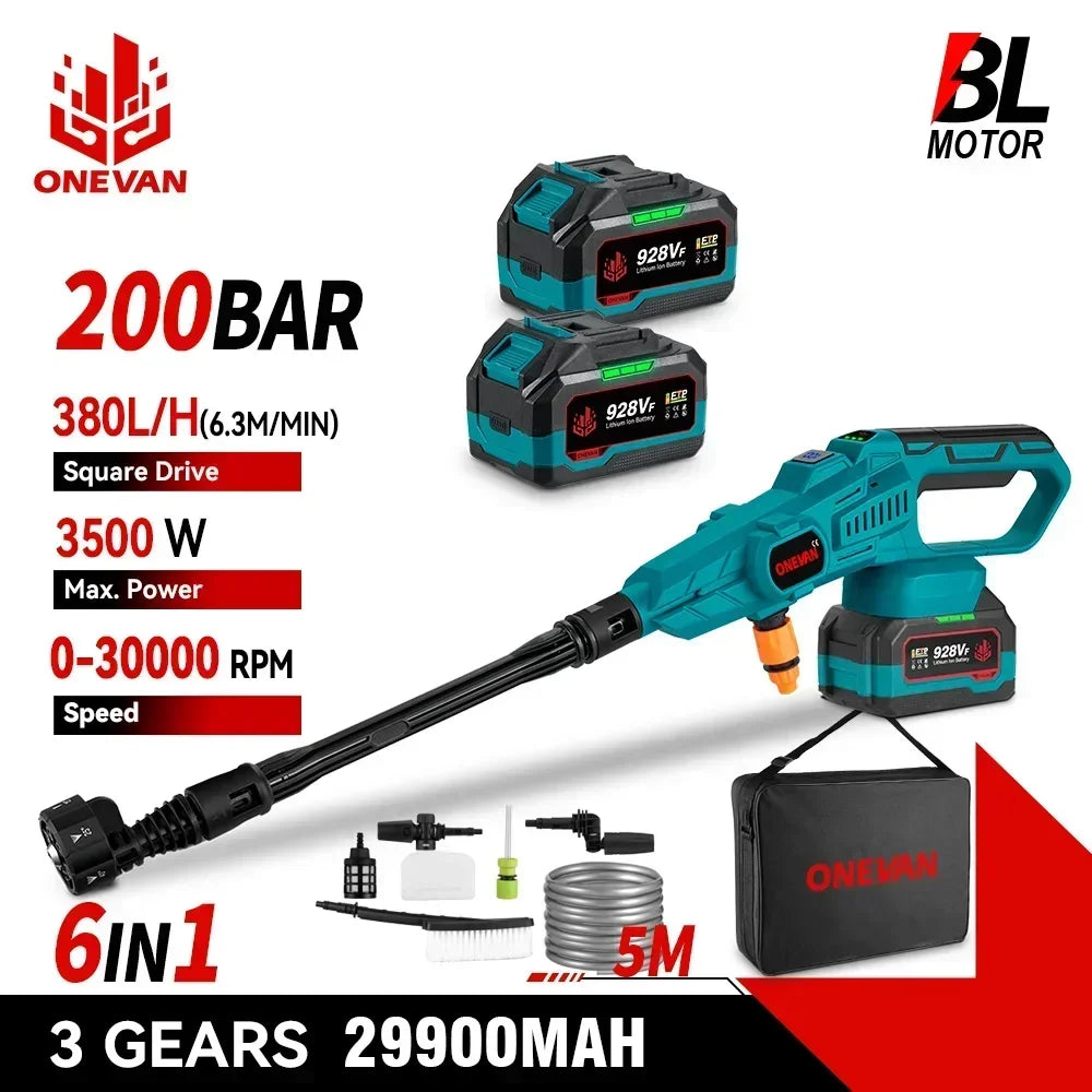 ONEVAN 200Bar Brushless High Pressure Washer Gun 3500W 6in1 Cordless Spray Gun Car Clean Garden Washing Tool for 21V 18V Battery