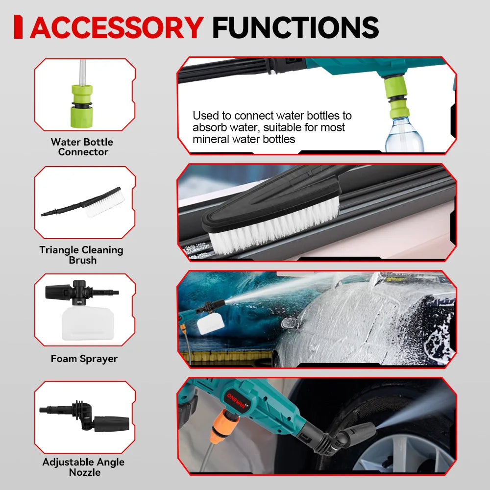 ONEVAN 200Bar Brushless High Pressure Washer Gun 3500W 6in1 Cordless Spray Gun Car Clean Garden Washing Tool for 21V 18V Battery
